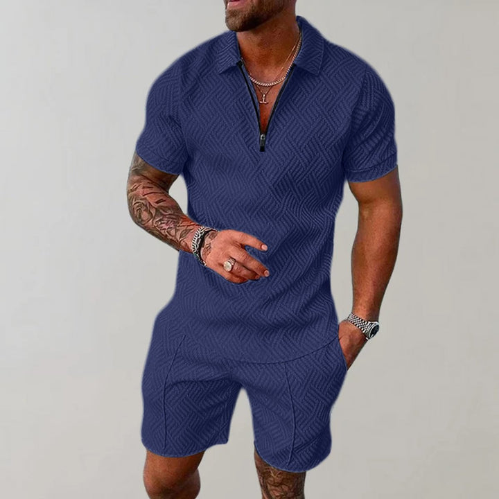 Men's Zip Polo Matching Shorts Two-Piece Set - Marine Blue