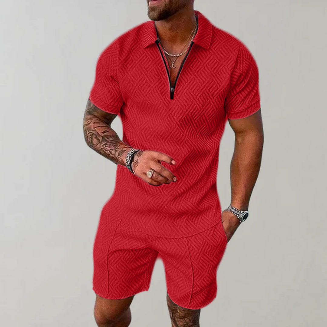 Men's Zip Polo Matching Shorts Two-Piece Set - Red
