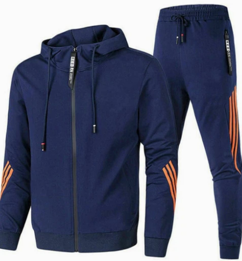 Men's Zip-Up Casual Hoodie Slim Jogger Tracksuit Set - Blue