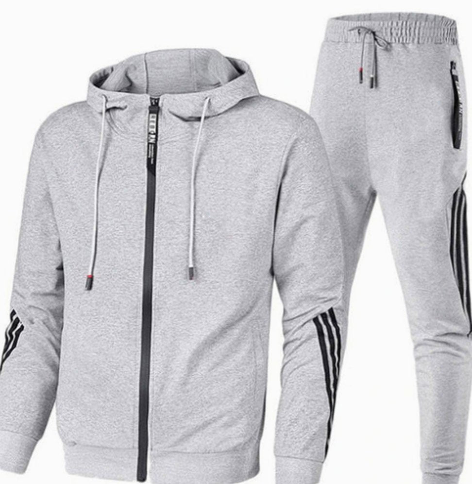 Men's Zip-Up Casual Hoodie Slim Jogger Tracksuit Set - Grey