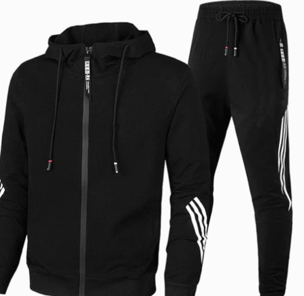 Men's Zip-Up Casual Hoodie Slim Jogger Tracksuit Set - Black