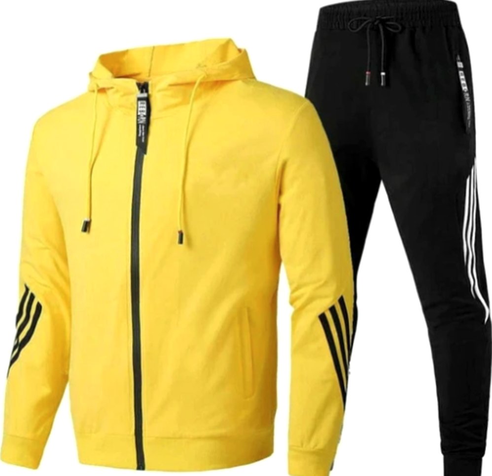 Men's Zip-Up Casual Hoodie Slim Jogger Tracksuit Set - Yellow