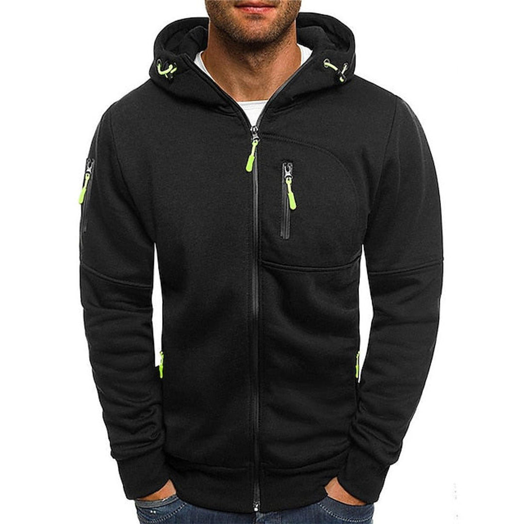 Men's Zip-Up Hooded Knit Sweater Fleece Pullover Hoodie - Black