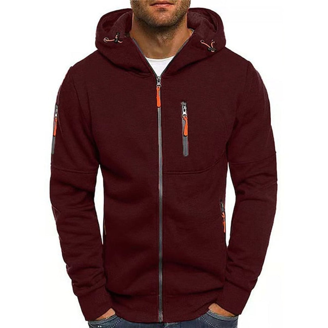 Men's Zip-Up Hooded Knit Sweater Fleece Pullover Hoodie - Wine