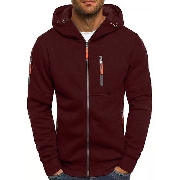 Men's Zip-Up Hooded Knit Sweater Fleece Pullover Hoodie - Wine