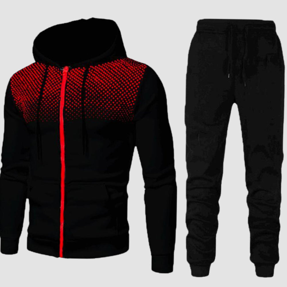 Men's Zip-Up Hoodie Tapered Jogger Tracksuit Set - Black Red