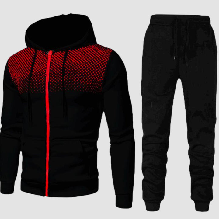 Men's Zip-Up Hoodie Tapered Jogger Tracksuit Set - Black Red
