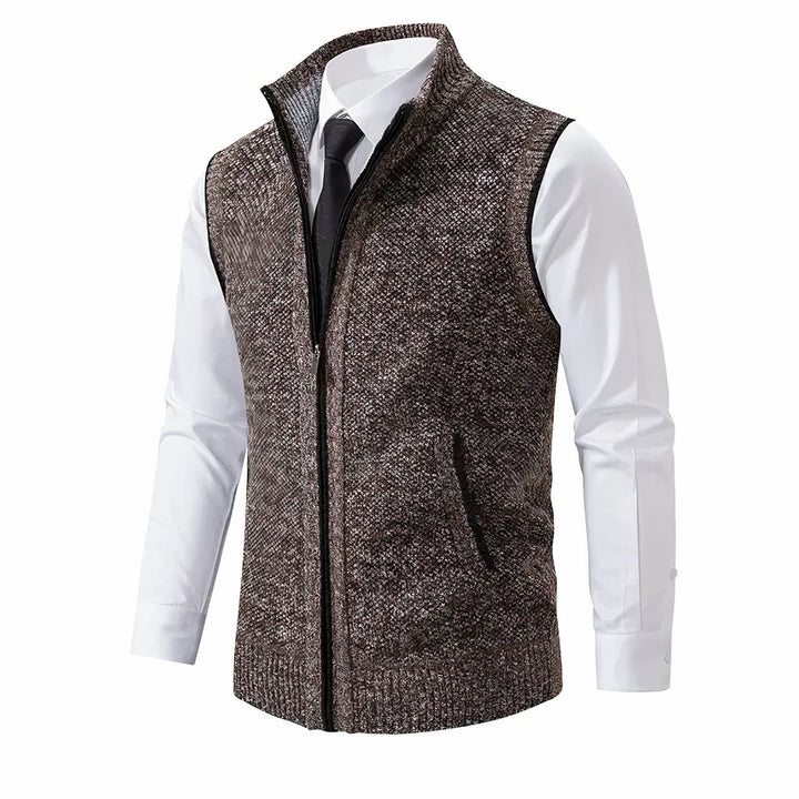 Men's Zip-Up Sleeveless Knit Cardigan Sweater Vest - Brown