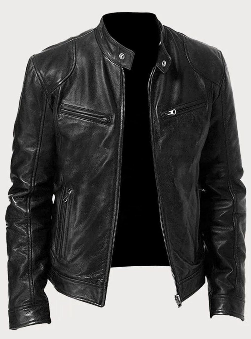 Men's Zip-Up Stand-Collar Biker Casual Jacket - Black