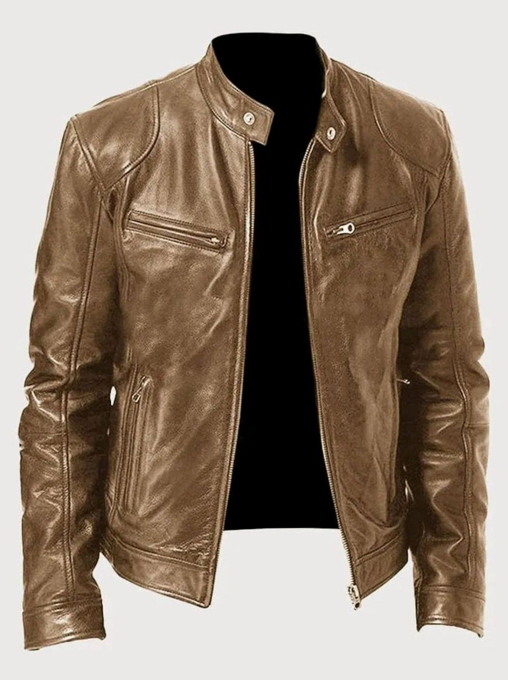 Men's Zip-Up Stand-Collar Biker Casual Jacket - Beige