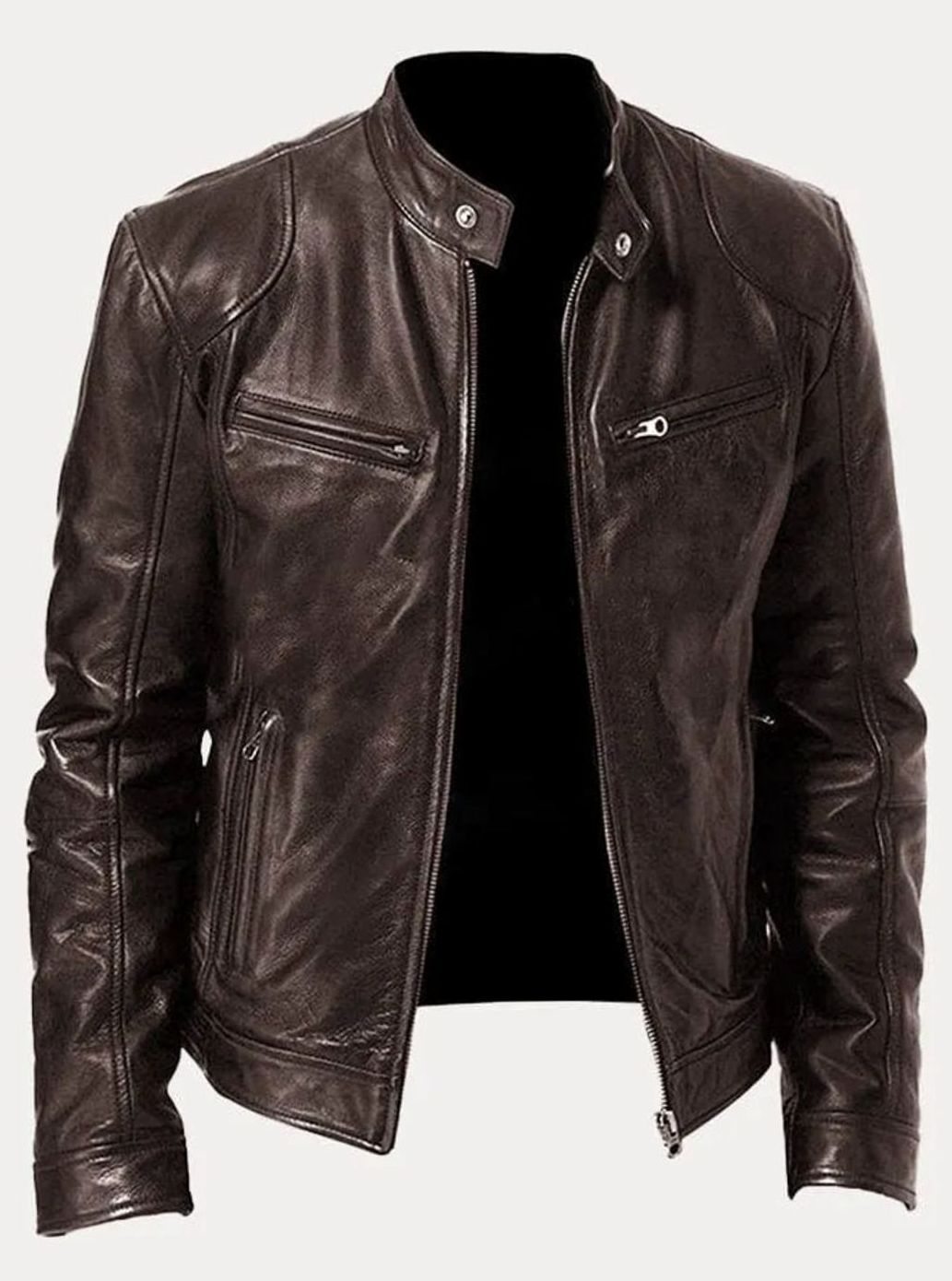 Men's Zip-Up Stand-Collar Biker Casual Jacket - Brown