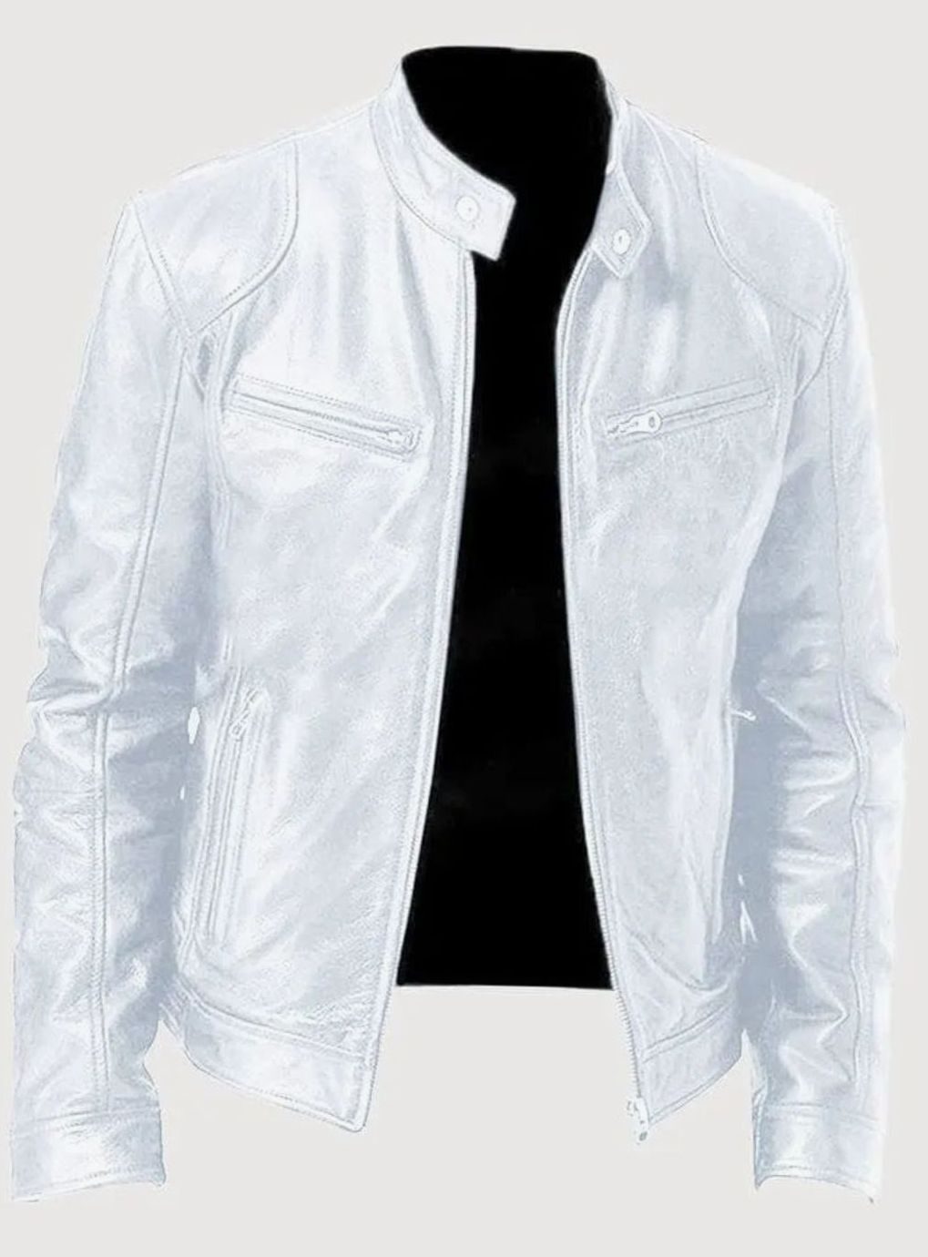 Men's Zip-Up Stand-Collar Biker Casual Jacket - White