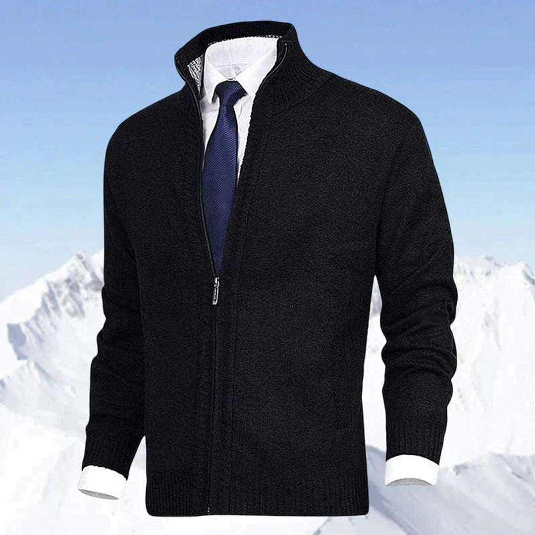 Men's Zip-Up Stand-Collar Knit Fleece-Lined Mens Cardigan Sweater - Black