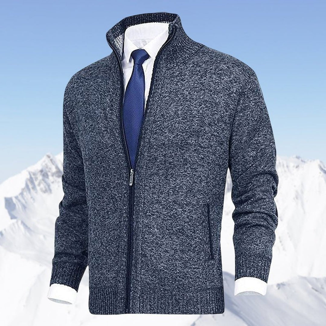 Men's Zip-Up Stand-Collar Knit Fleece-Lined Mens Cardigan Sweater - Blue