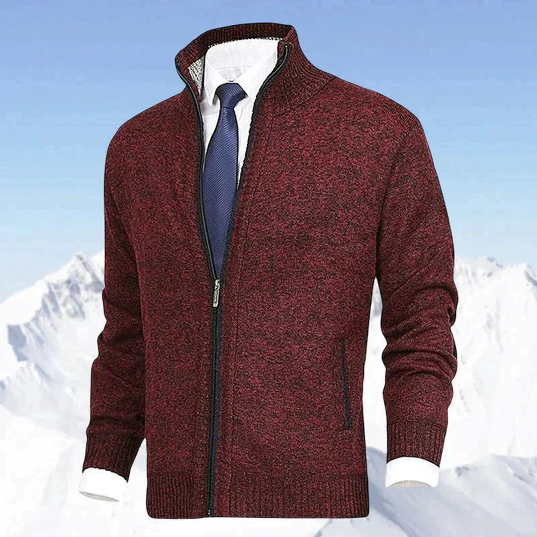Men's Zip-Up Stand-Collar Knit Fleece-Lined Mens Cardigan Sweater - Red