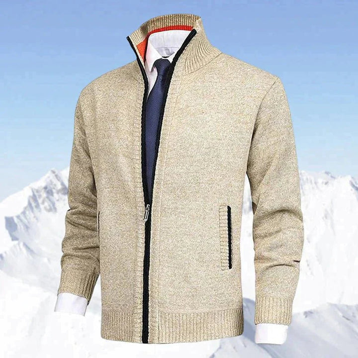 Men's Zip-Up Stand-Collar Knit Fleece-Lined Mens Cardigan Sweater - Beige