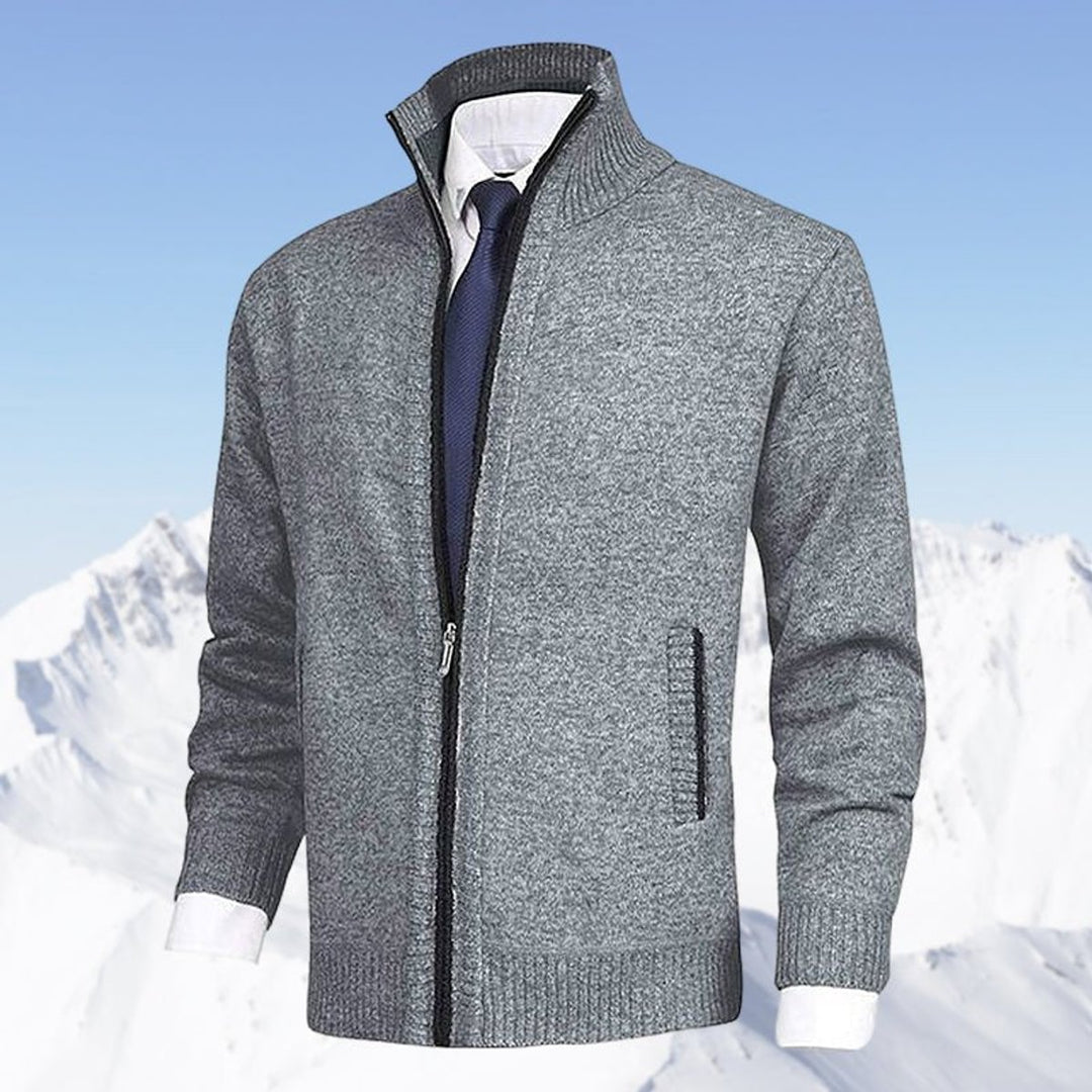 Men's Zip-Up Stand-Collar Knit Fleece-Lined Mens Cardigan Sweater - Light Gray