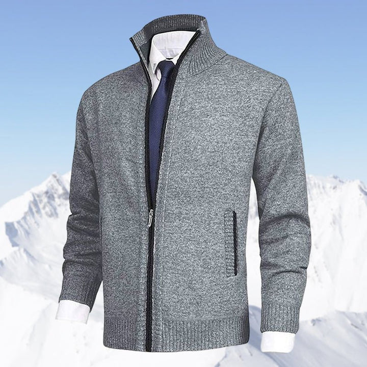 Men's Zip-Up Stand-Collar Knit Fleece-Lined Mens Cardigan Sweater - Light Gray