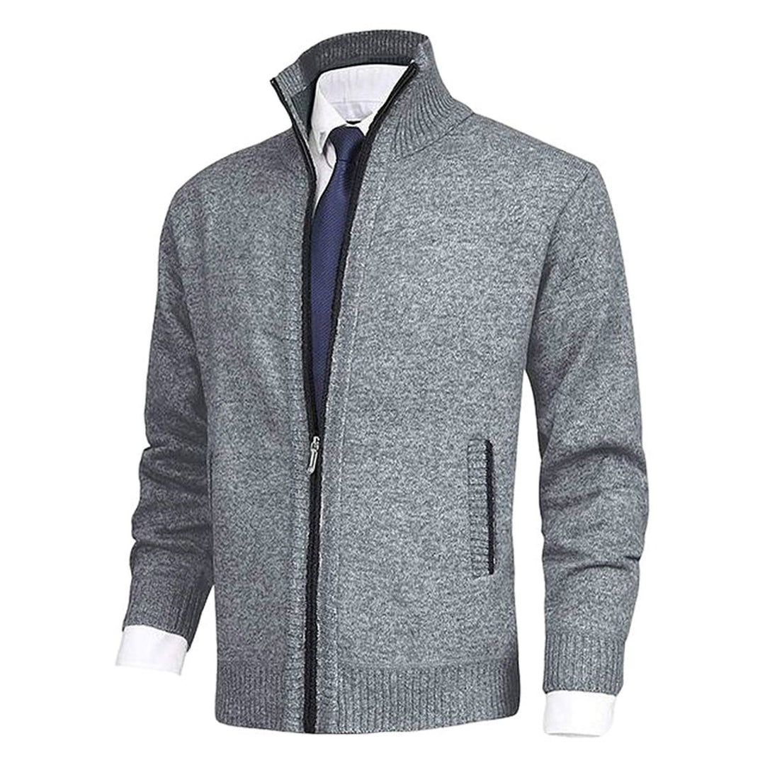 Men's Zip-Up Stand-Collar Knit Fleece-Lined Mens Cardigan Sweater