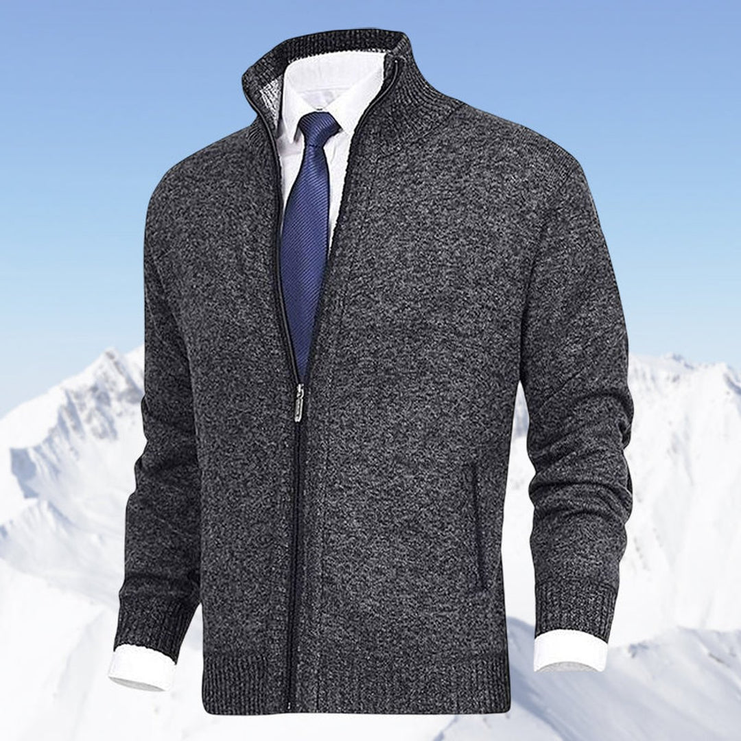 Men's Zip-Up Stand-Collar Knit Fleece-Lined Mens Cardigan Sweater - Dark Gray