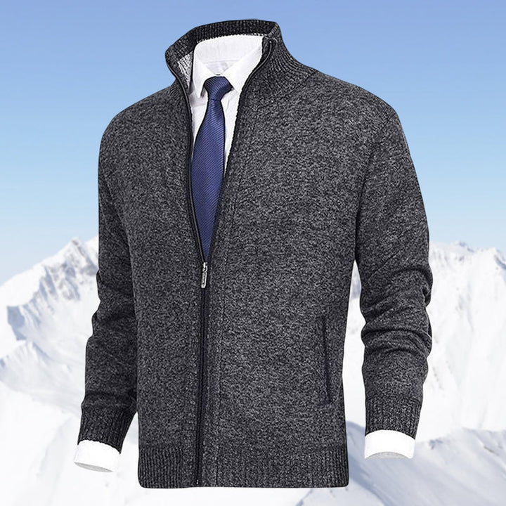 Men's Zip-Up Stand-Collar Knit Fleece-Lined Mens Cardigan Sweater - Dark Gray