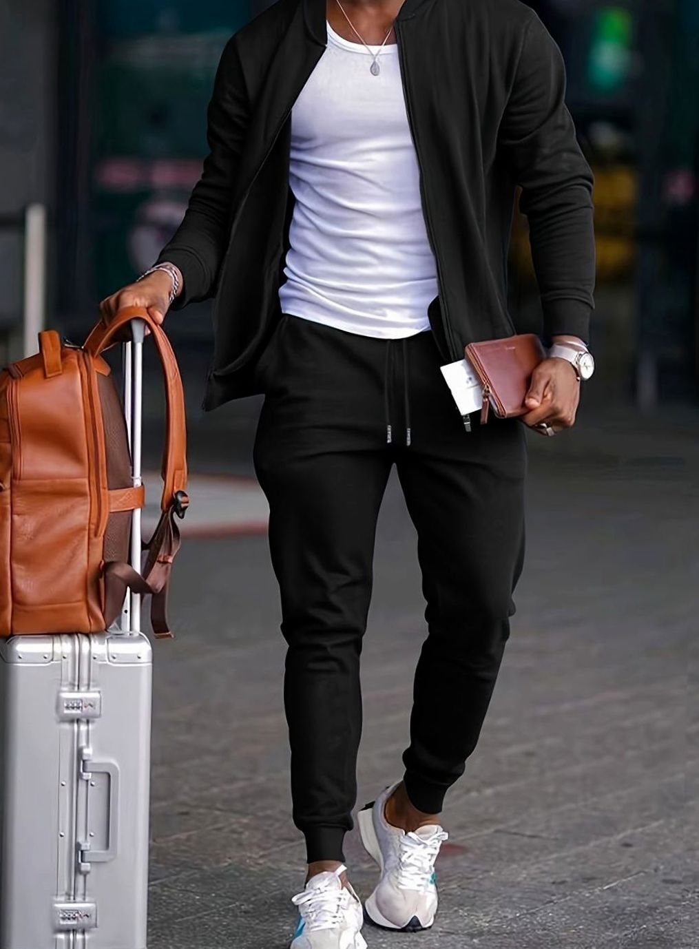 Men's Zip-Up Tapered Jogger Travel Tracksuit Set - Black