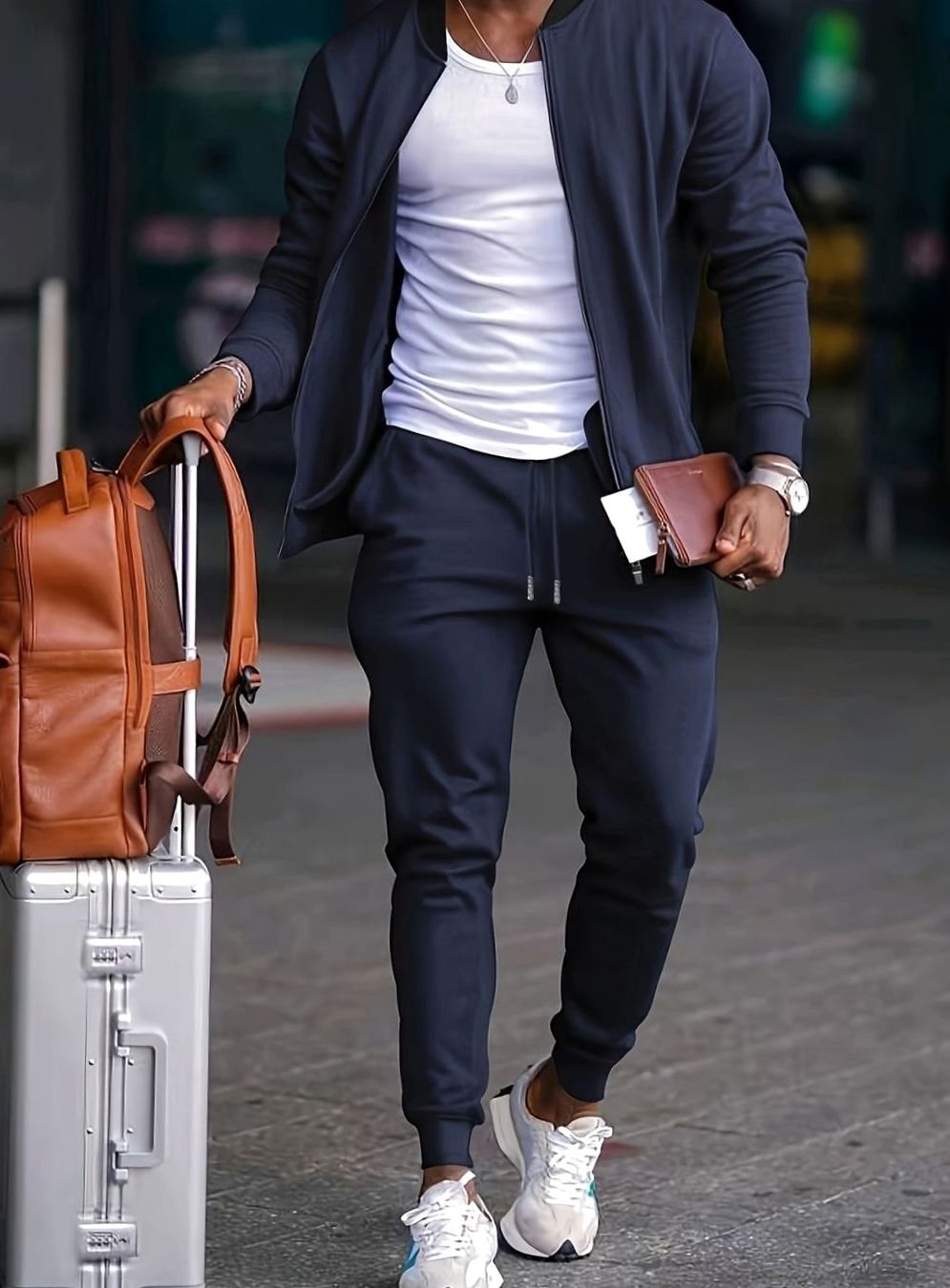 Men's Zip-Up Tapered Jogger Travel Tracksuit Set - Navy Blue