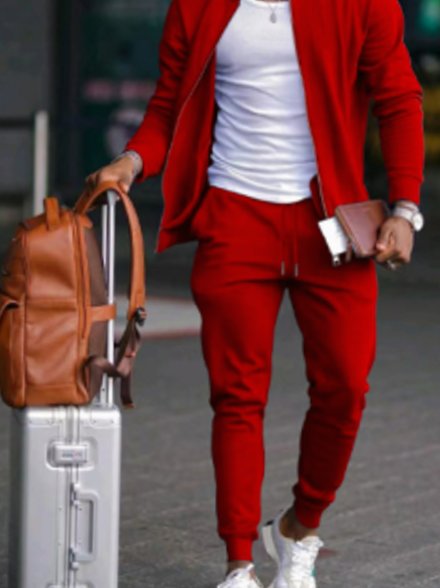 Men's Zip-Up Tapered Jogger Travel Tracksuit Set - Red