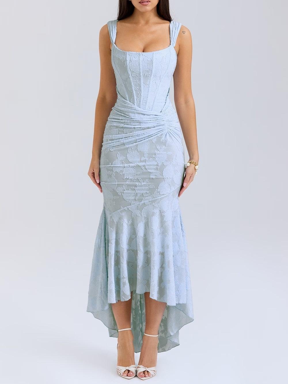 Mother of the Bride Dress Corset Jacquard Lace Mermaid Midi - Blue