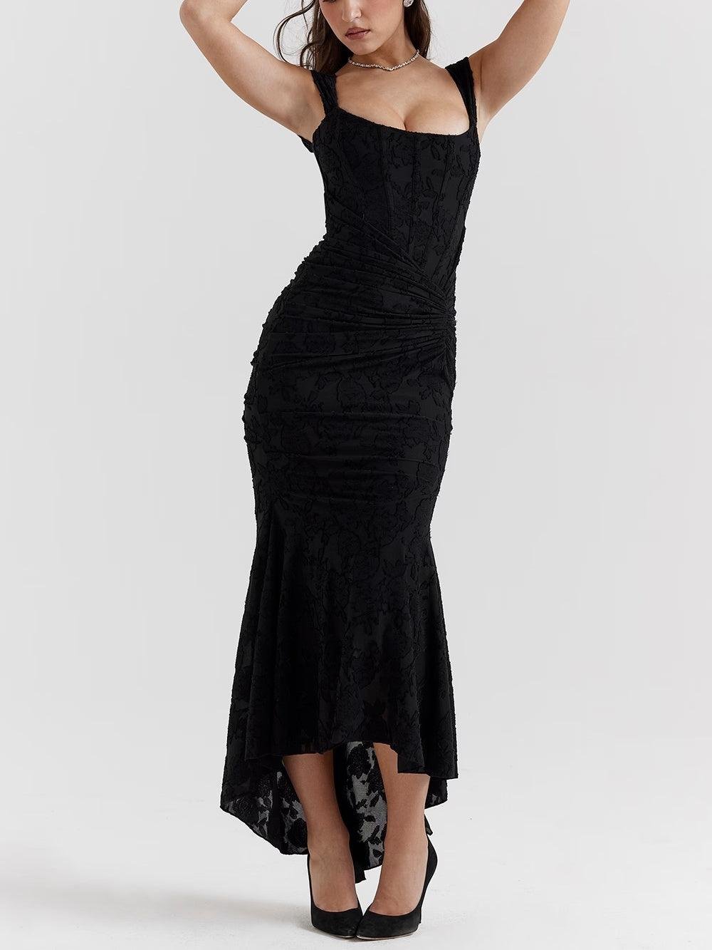 Mother of the Bride Dress Corset Jacquard Lace Mermaid Midi - Black