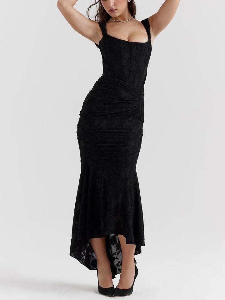 Mother of the Bride Dress Corset Jacquard Lace Mermaid Midi - Black