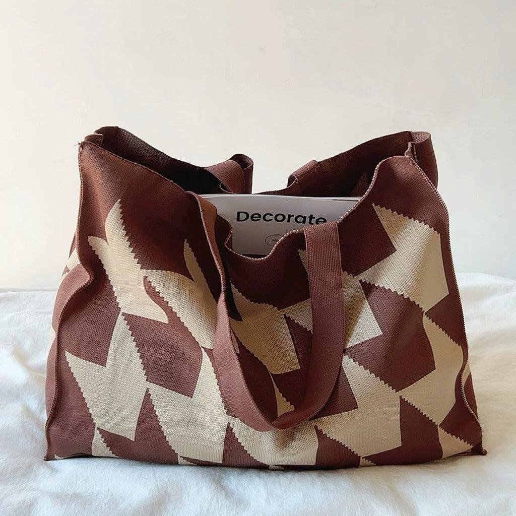 Oversized Graphic Knit Canvas Tote Bag One Size - Braun