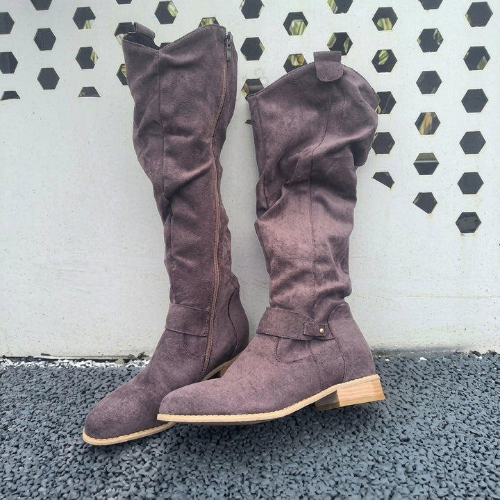 Penelope | Women's Suede Knee-High Slouch Block-Heel Boots