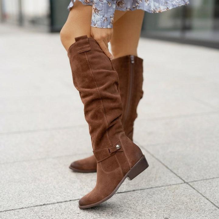 Penelope | Women's Suede Knee-High Slouch Block-Heel Boots