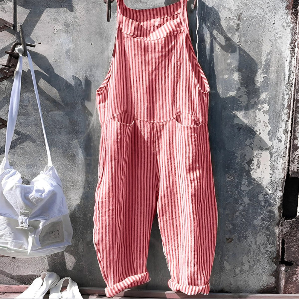 Unisex Vintage Striped Loose-Fit Bib Overall Jumpsuit - Red