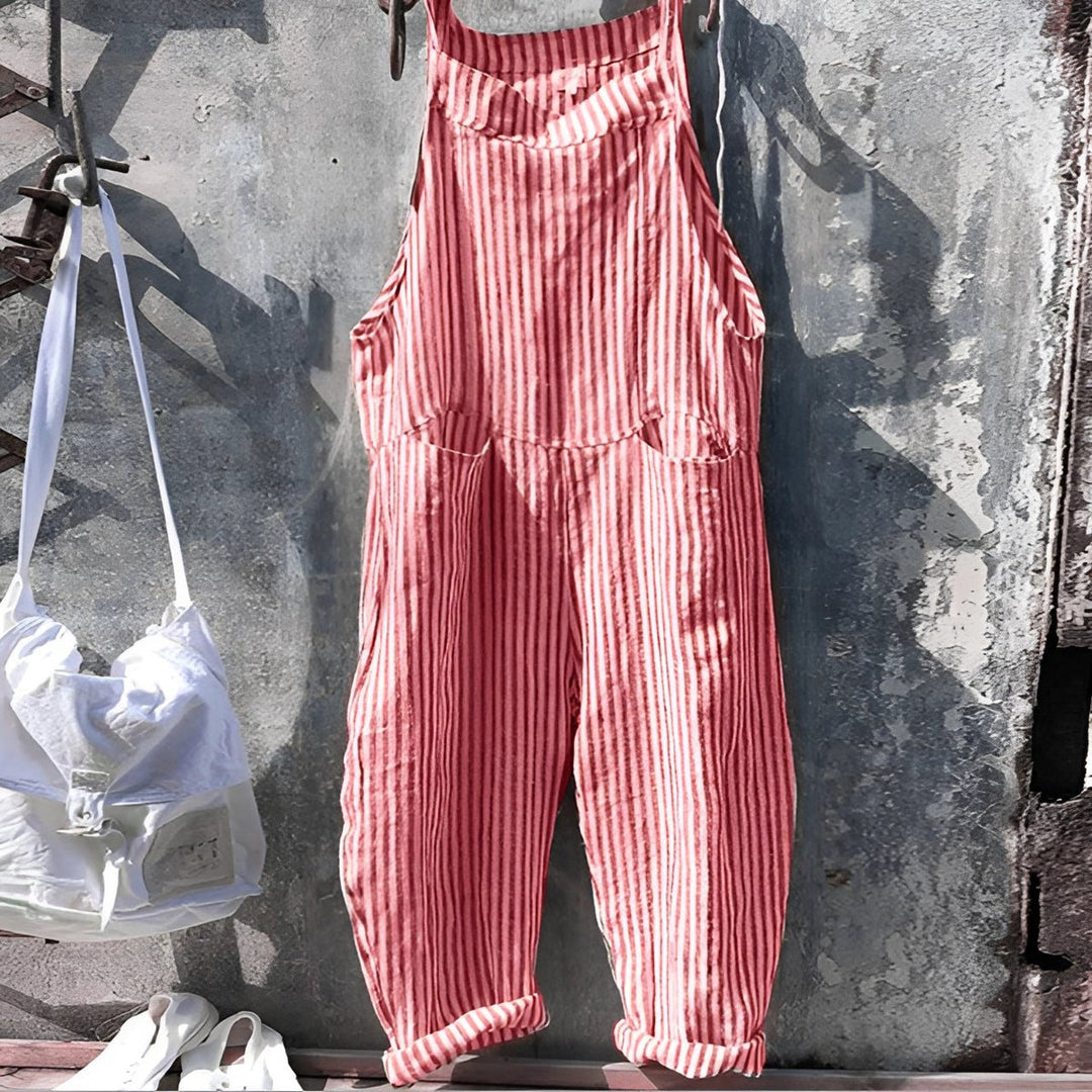 Unisex Vintage Striped Loose-Fit Bib Overall Jumpsuit - Red