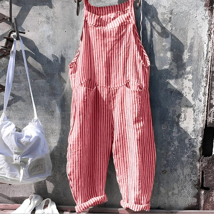 Unisex Vintage Striped Loose-Fit Bib Overall Jumpsuit - Red