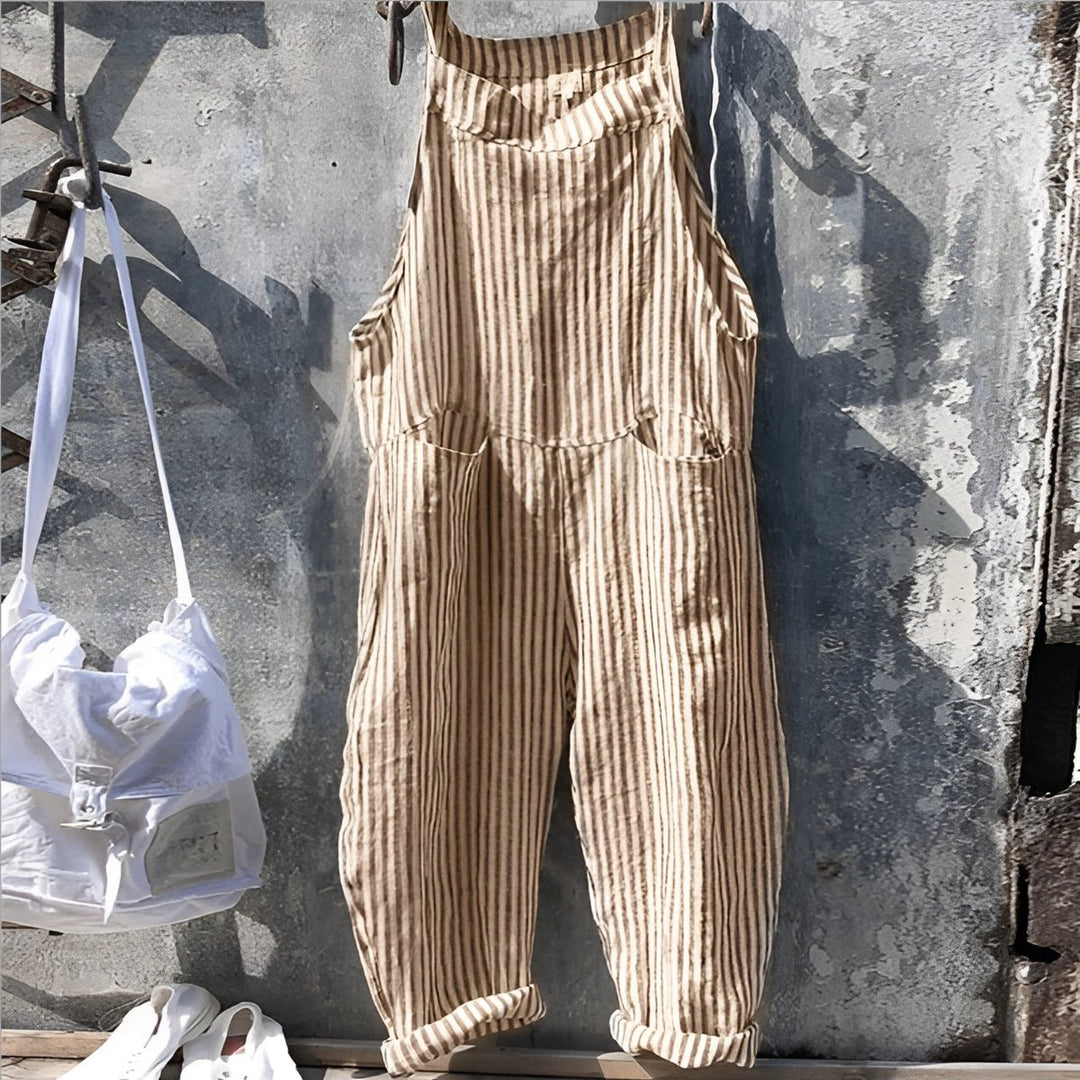 Unisex Vintage Striped Loose-Fit Bib Overall Jumpsuit - Light Brown