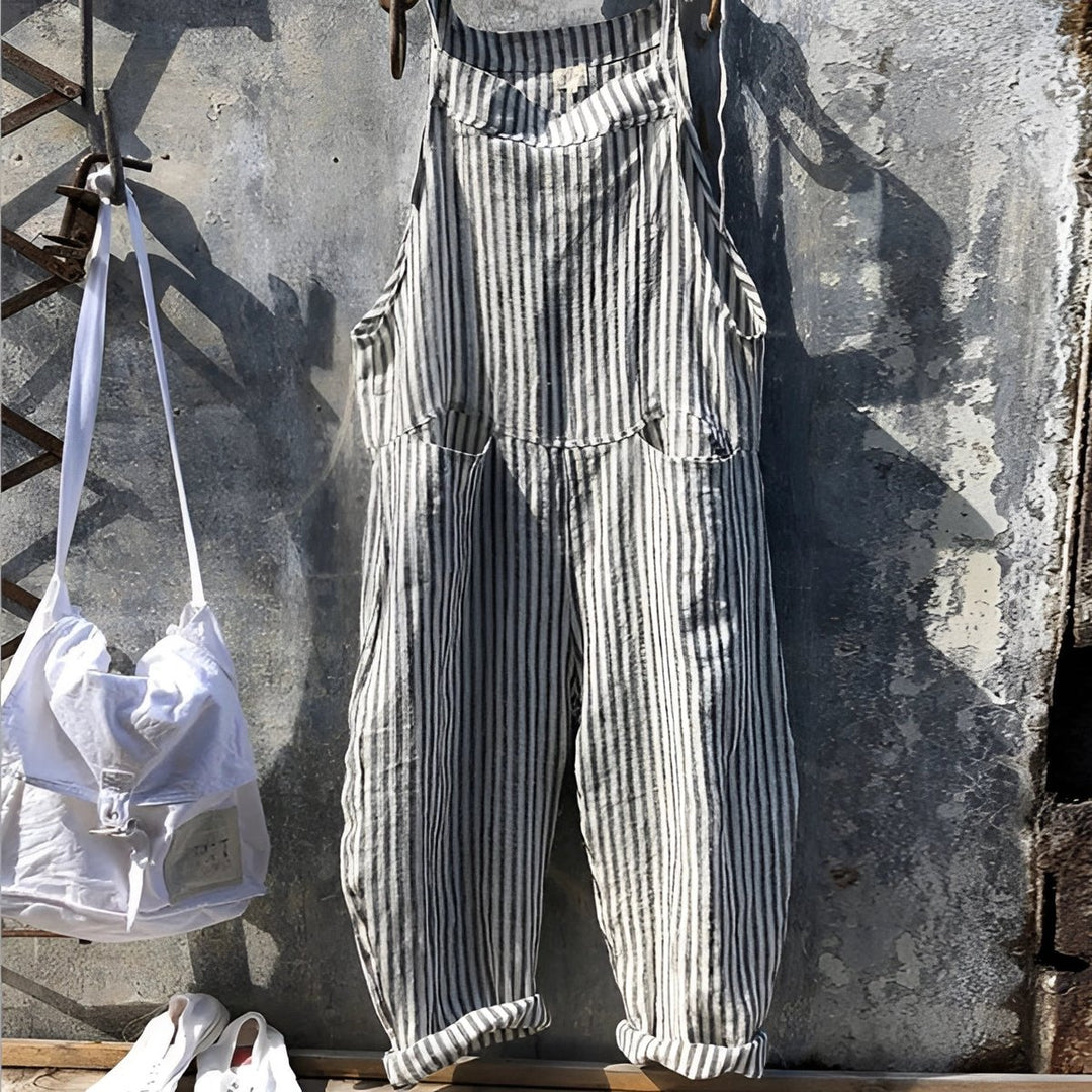 Unisex Vintage Striped Loose-Fit Bib Overall Jumpsuit - Gray