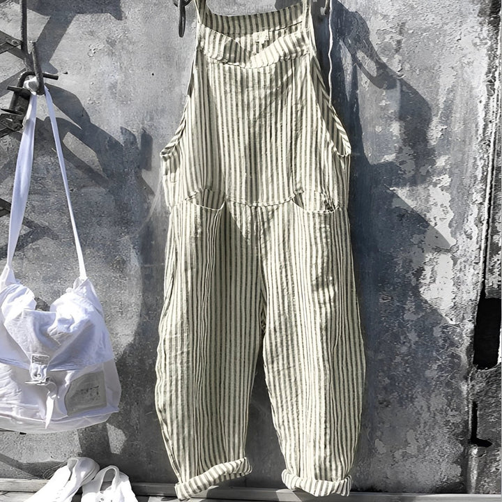 Unisex Vintage Striped Loose-Fit Bib Overall Jumpsuit - Green