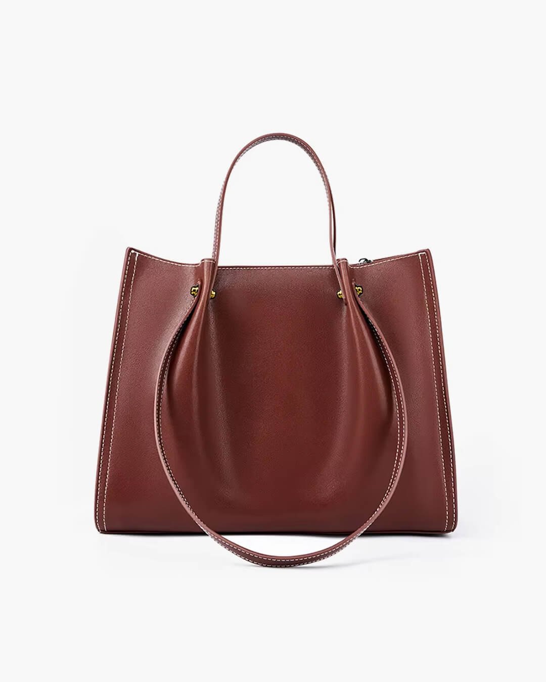 Vegan Leather Minimalist Contrast-Stitch Tote Bag - Brown