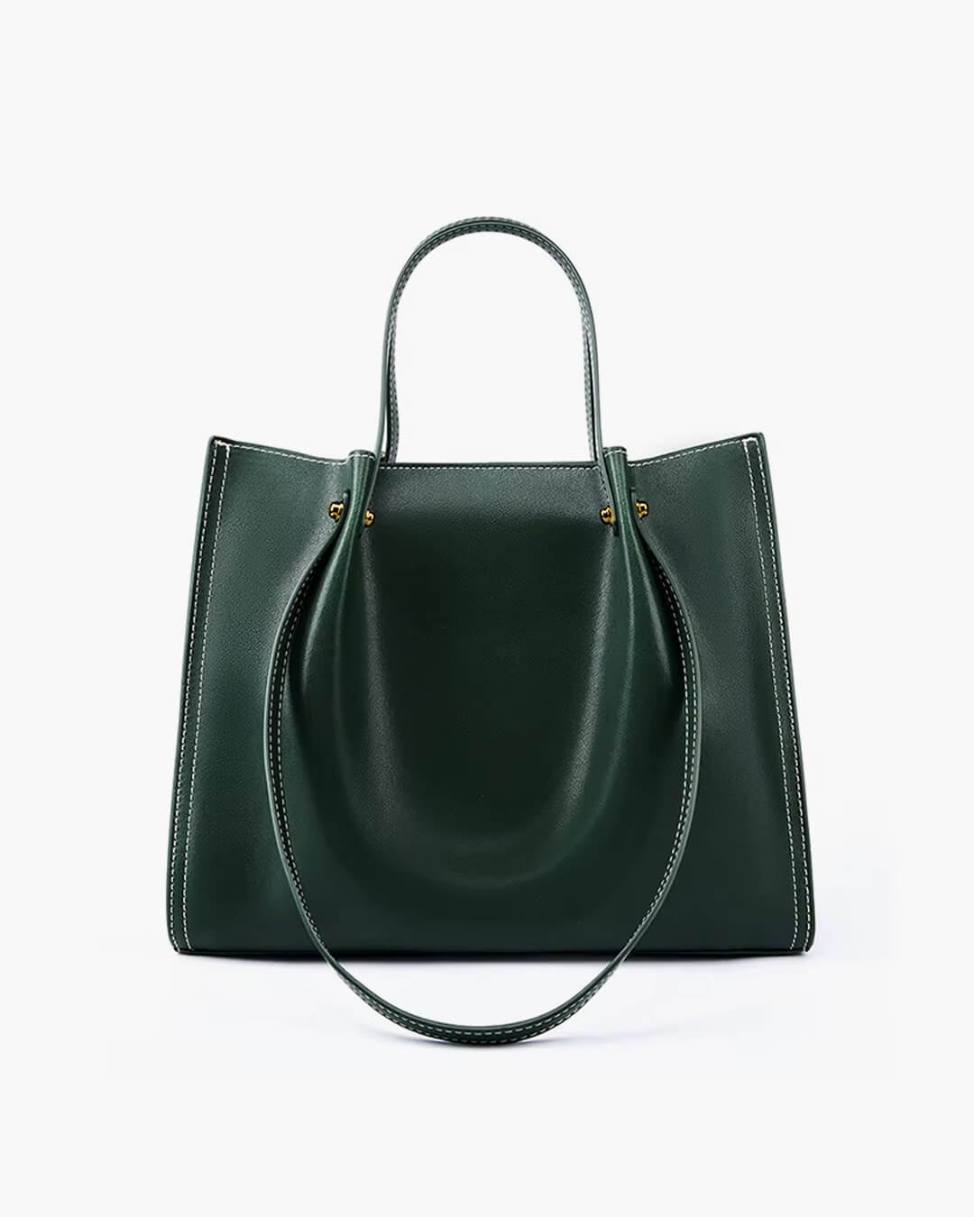 Vegan Leather Minimalist Contrast-Stitch Tote Bag - Green