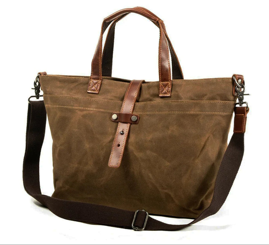 Waxed Canvas Leather-Trim Weather-Resistant Tote Bag - Tabakblatt