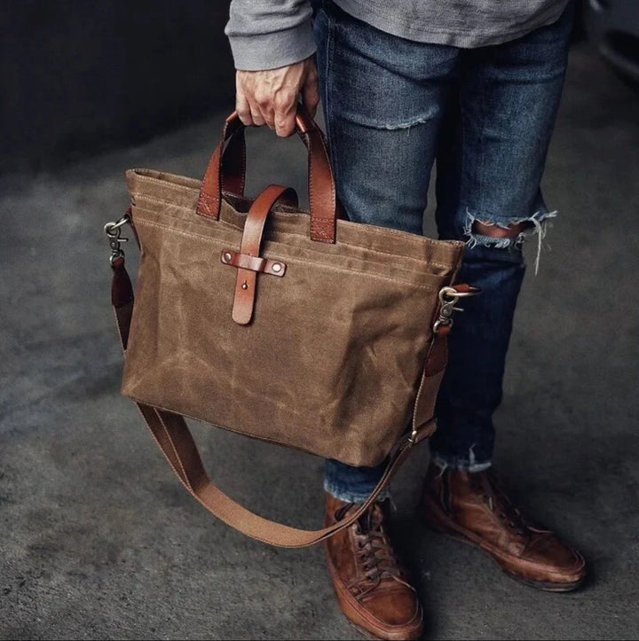 Waxed Canvas Leather-Trim Weather-Resistant Tote Bag