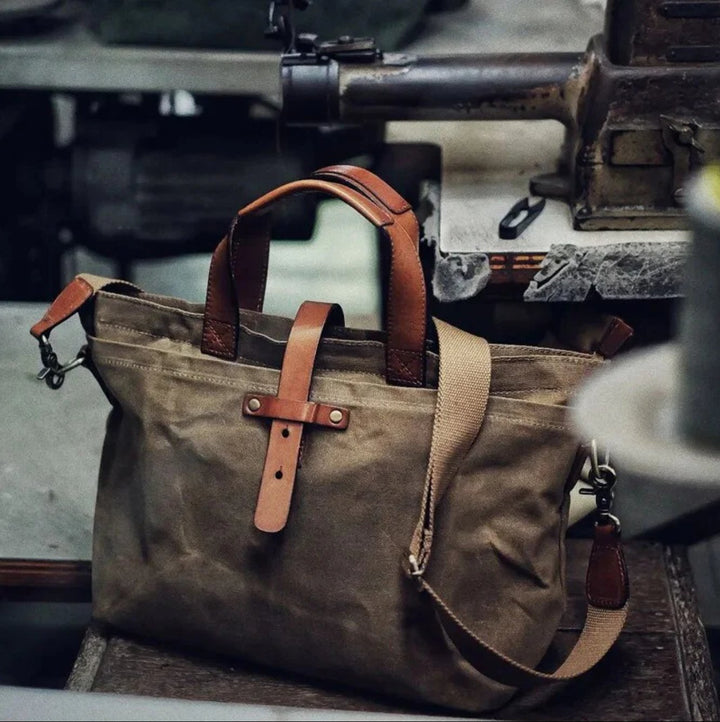 Waxed Canvas Leather-Trim Weather-Resistant Tote Bag