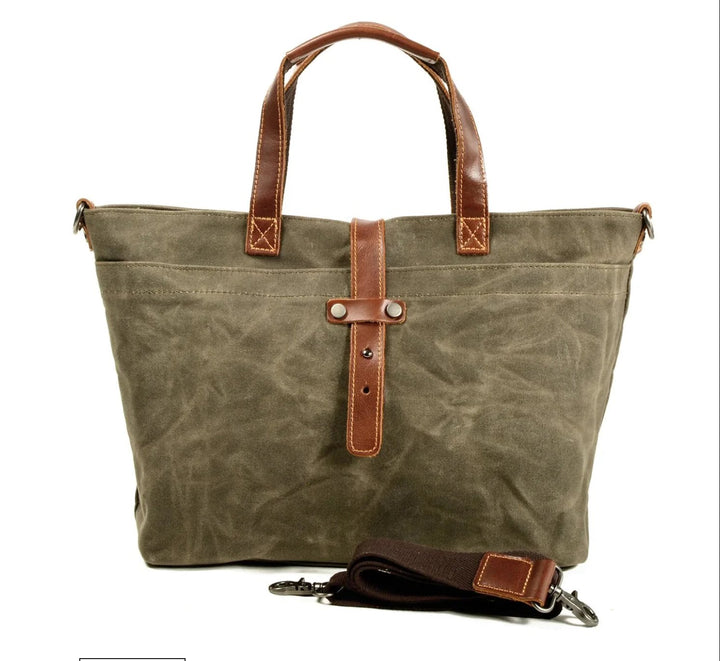 Waxed Canvas Leather-Trim Weather-Resistant Tote Bag - Salbeiholz
