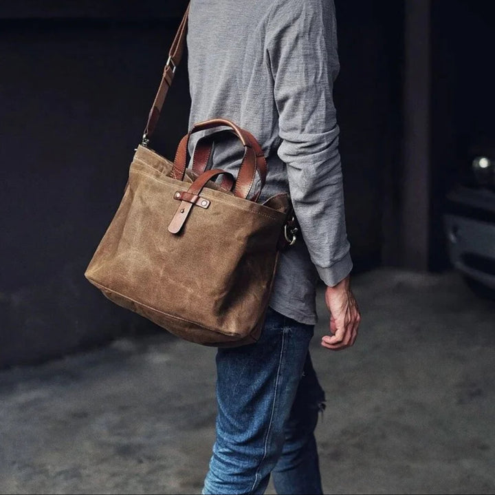 Waxed Canvas Tote Bag Leather-Trim Water-Resistant Crossbody