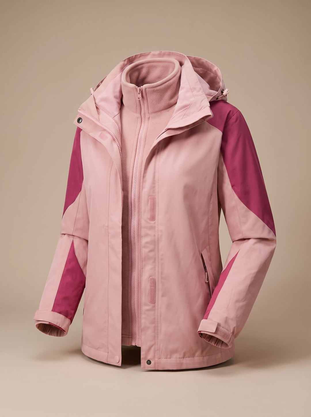 Women's 2-in-1 Hooded Softshell Fleece Outdoor Jacket - Women's Outdoor Jacket Pink