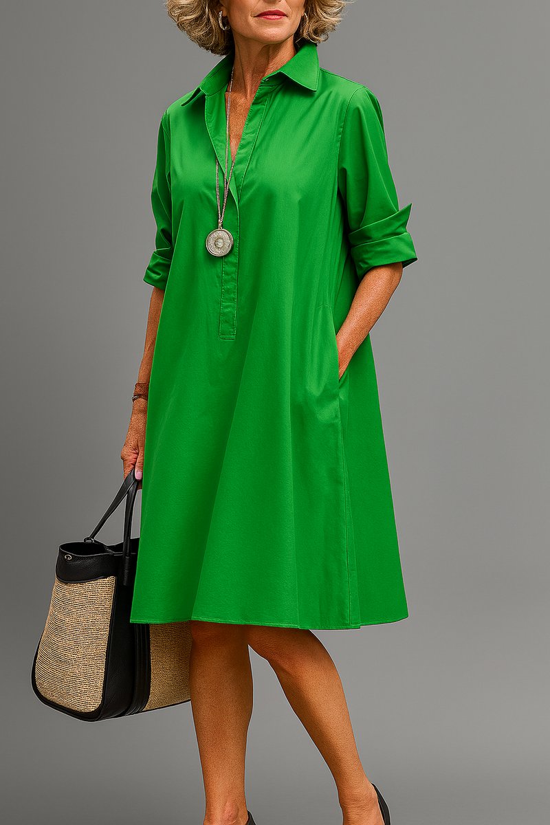 Women's A-Line Collared Midi Cocktail Dress Swing Shift - Green