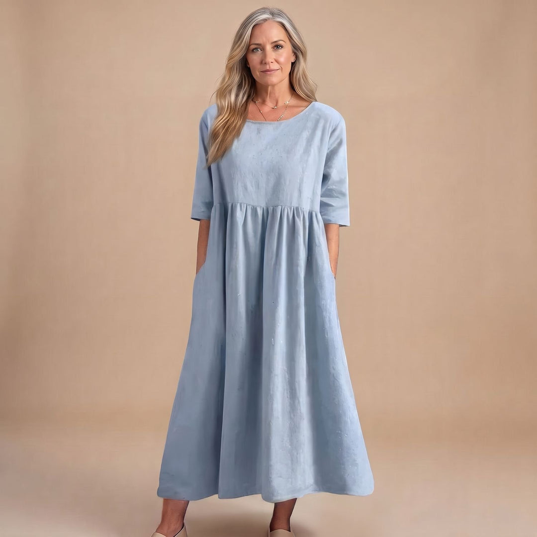 Women's A-Line Smocked Midi Dress Half Sleeve Pockets - Sky Blue